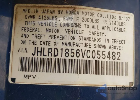 1997 Honda Cr-V из США, поврежденный, VIN JHLRD1856VC055482